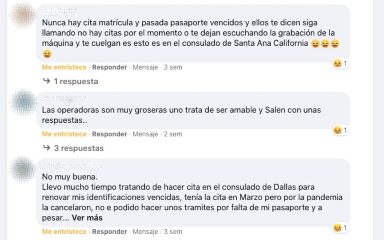 Quejas de algunos usuarios de los consulados de México en USA a través de nuestras redes sociales. | Imagen: Conexión Migrante / Jacqueline Ponce.